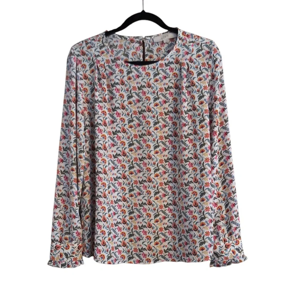 LOFT Floral Puff Sleeve LS Blouse L